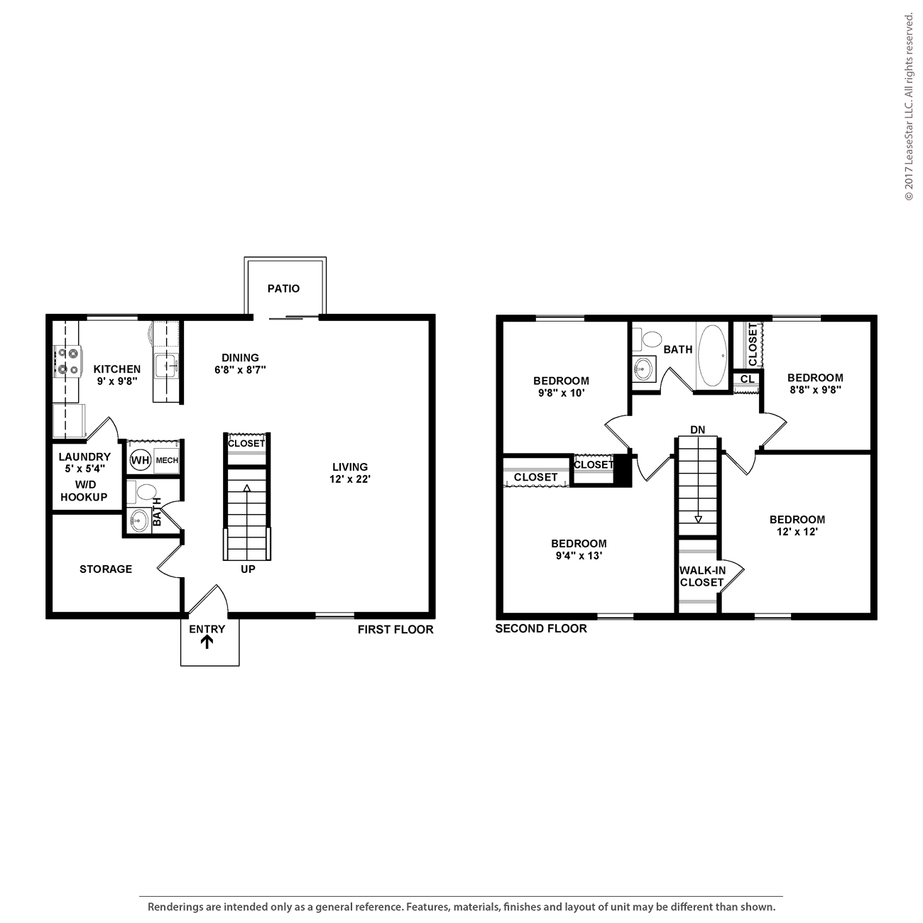A floor plan of a two-story home with a laundry room on the first floor and a second bedroom on the second floor.